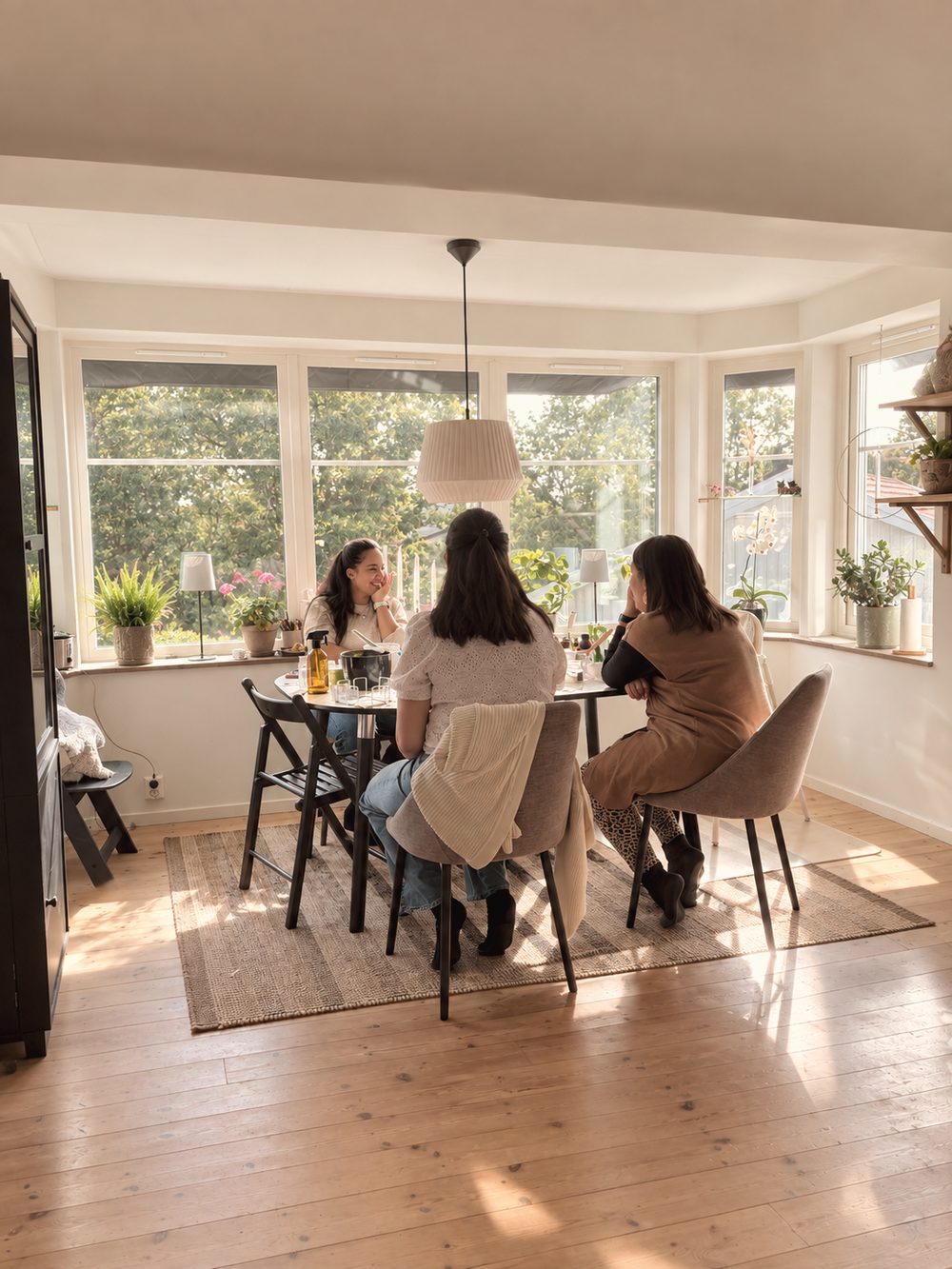 Women sitting around a table, talking and making skincare together